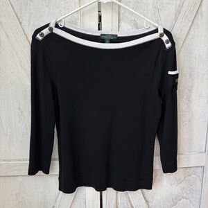 Lauren Jeans Co Ralph Lauren Boatneck Top Women’s Medium 3/4 Sleeves Black White